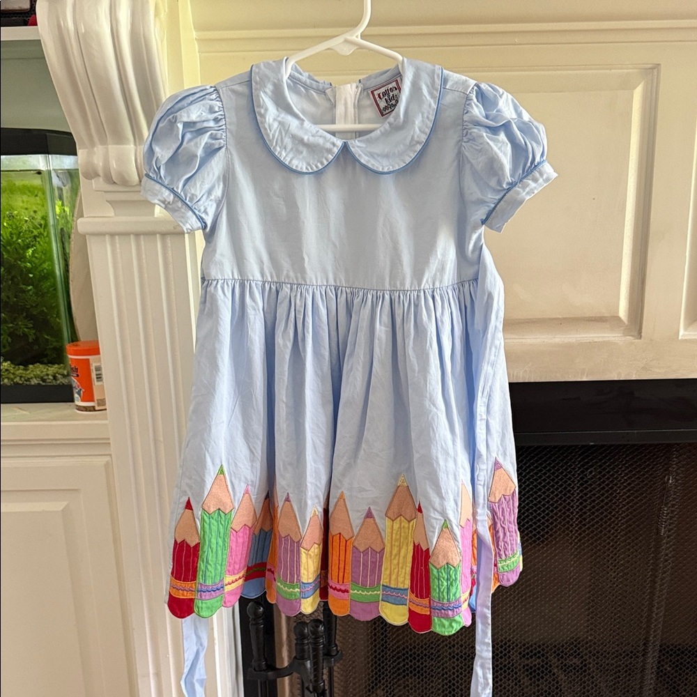 Cotton Kids PreSchool Blue Dress with Colorful Scalloped Pencil Hem